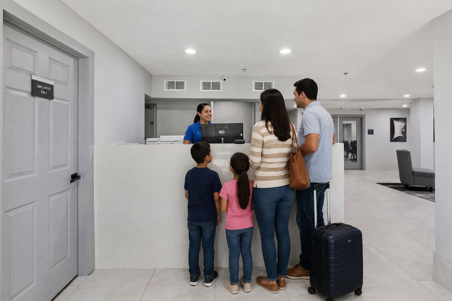 Family enquiring at hotel reception while exploring San Antonio Hotel Deals and booking options